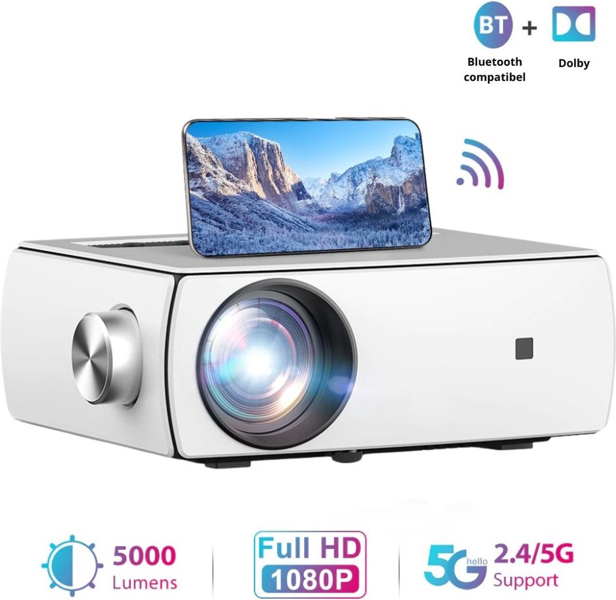 Mini Beamer - Projector met WiFi en Bluetooth - 1080p Full HD - Draad(loos) - Wit