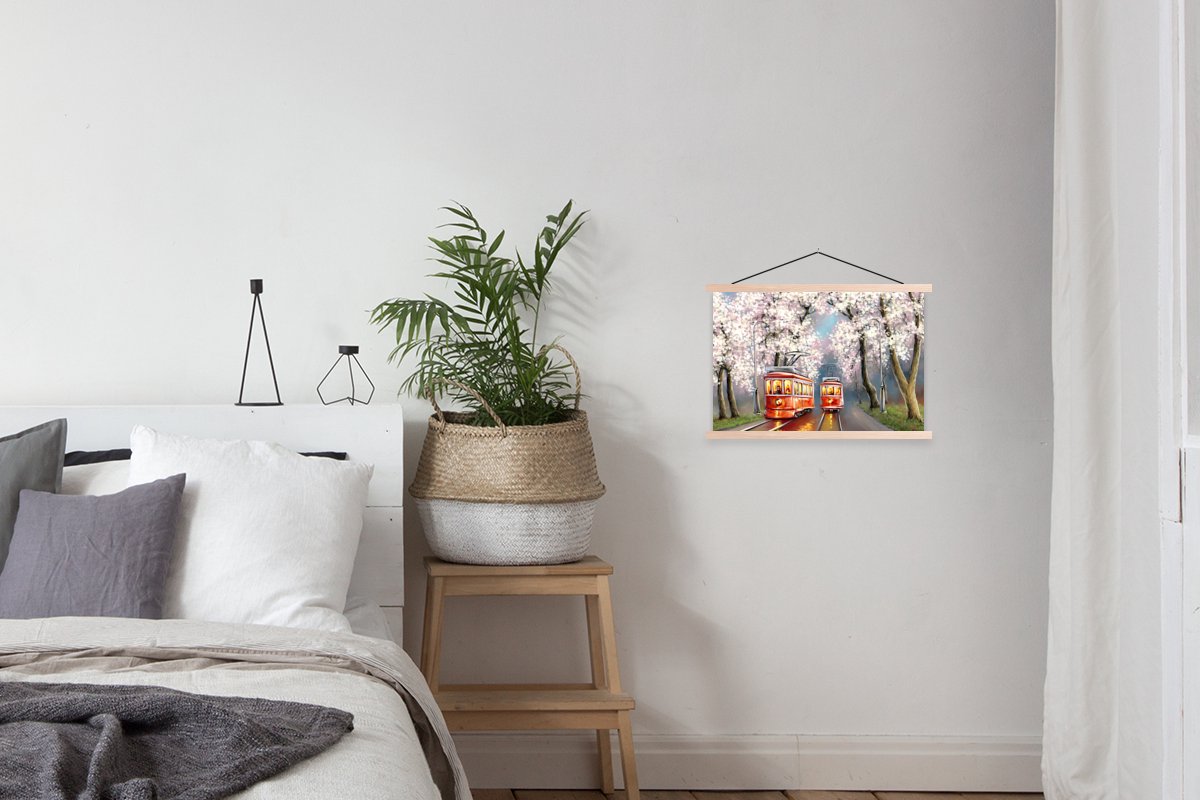 Posterhanger incl. Poster 60x40 cm - Schoolplaat - Schilderij - Olieverf - Tram - Bloesemb