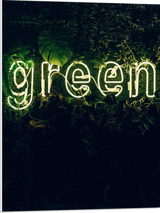PVC Schuimplaat- ''GREEN'' Neon Letters tussen Struiken - 60x80 cm Foto op PVC Schuimplaat