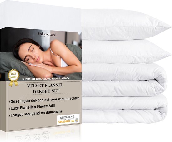 Bed Couture - Velvet Flanel Dekbedovertrek set - 100% Katoen Extra zacht en Warm - 155x220 + 2 kussenslopen 65x65 - Wit