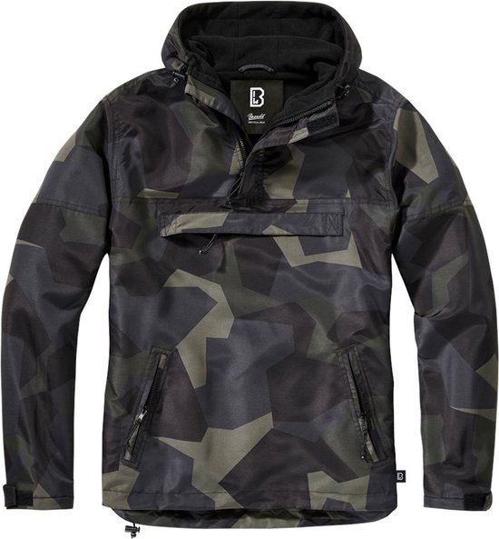 Veste à capuche avec imprimé camouflage noir, vert et gris.