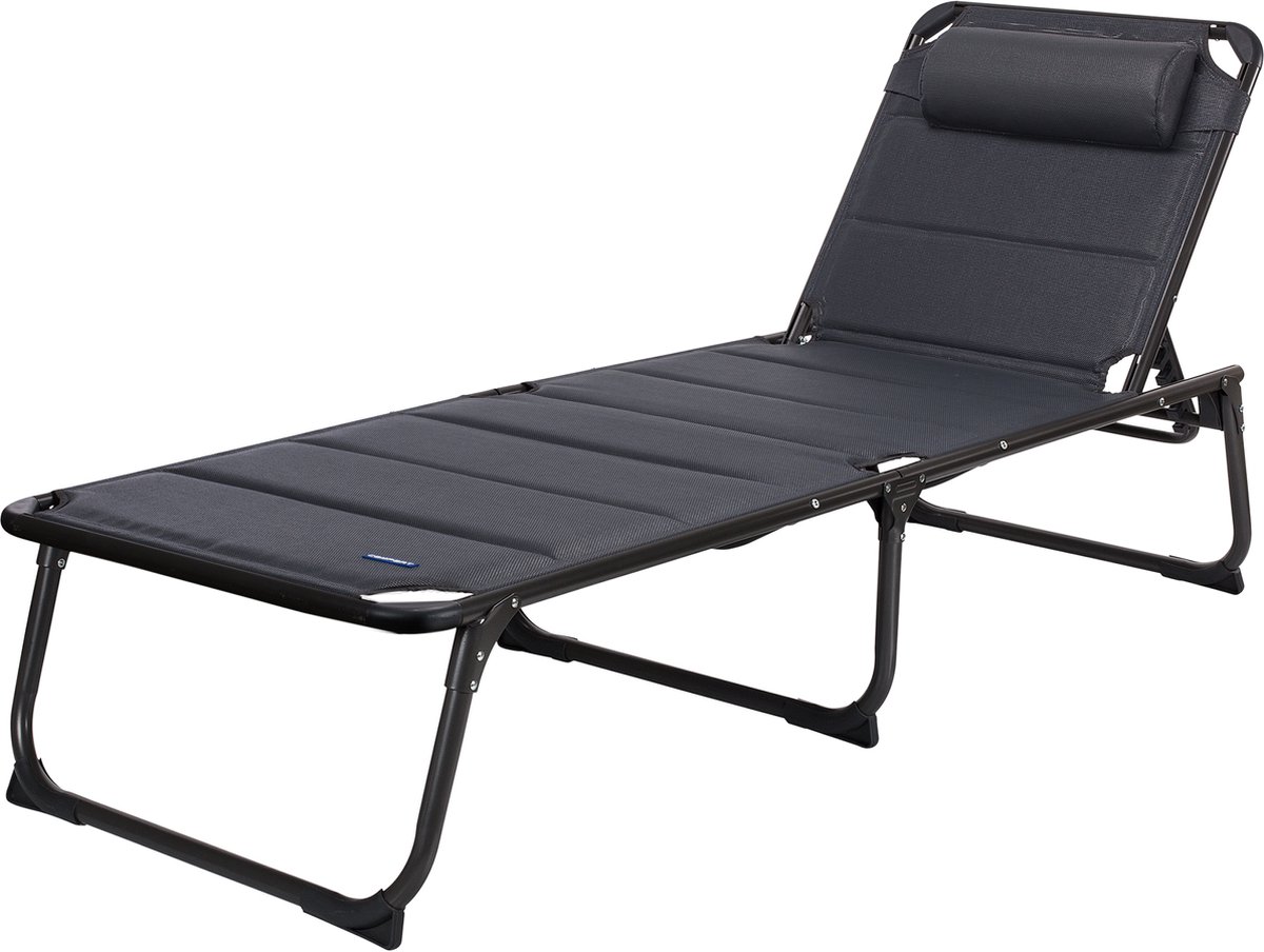 Campart Ligbed BE-0665 - Stretcher opvouwbaar en verstelbaar - Relaxstoel voor tuin en camping - Gepolsterd - Afneembaar hoofdkussen - Loungestoel - Grijs - Campart