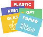 Afvalstickers set van 5 stuks - 25 x 19 cm - Plastic - Papier - Glas - GFT - Restafval - Recycle - Container stickers - Kliko stickers - Prullenbak stickers