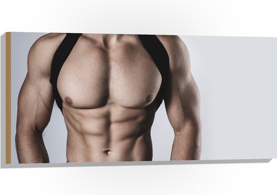 Hout - Bodybuilder Lichaam van Man tegen Witte Achtergrond - 100x50 cm - 9 mm dik - Foto op Hout (Met Ophangsysteem)