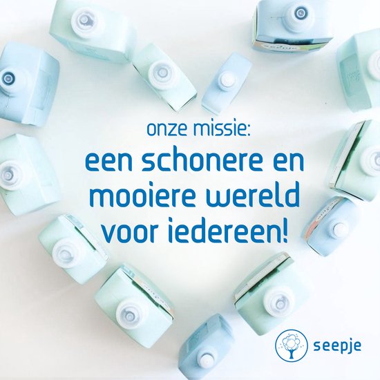 Verschillende pastelkleurige wasmiddelflessen gerangschikt in een hartvorm, met de tekst 'onze missie: een schonere en mooiere wereld voor iedereen!' en het Seepje logo.