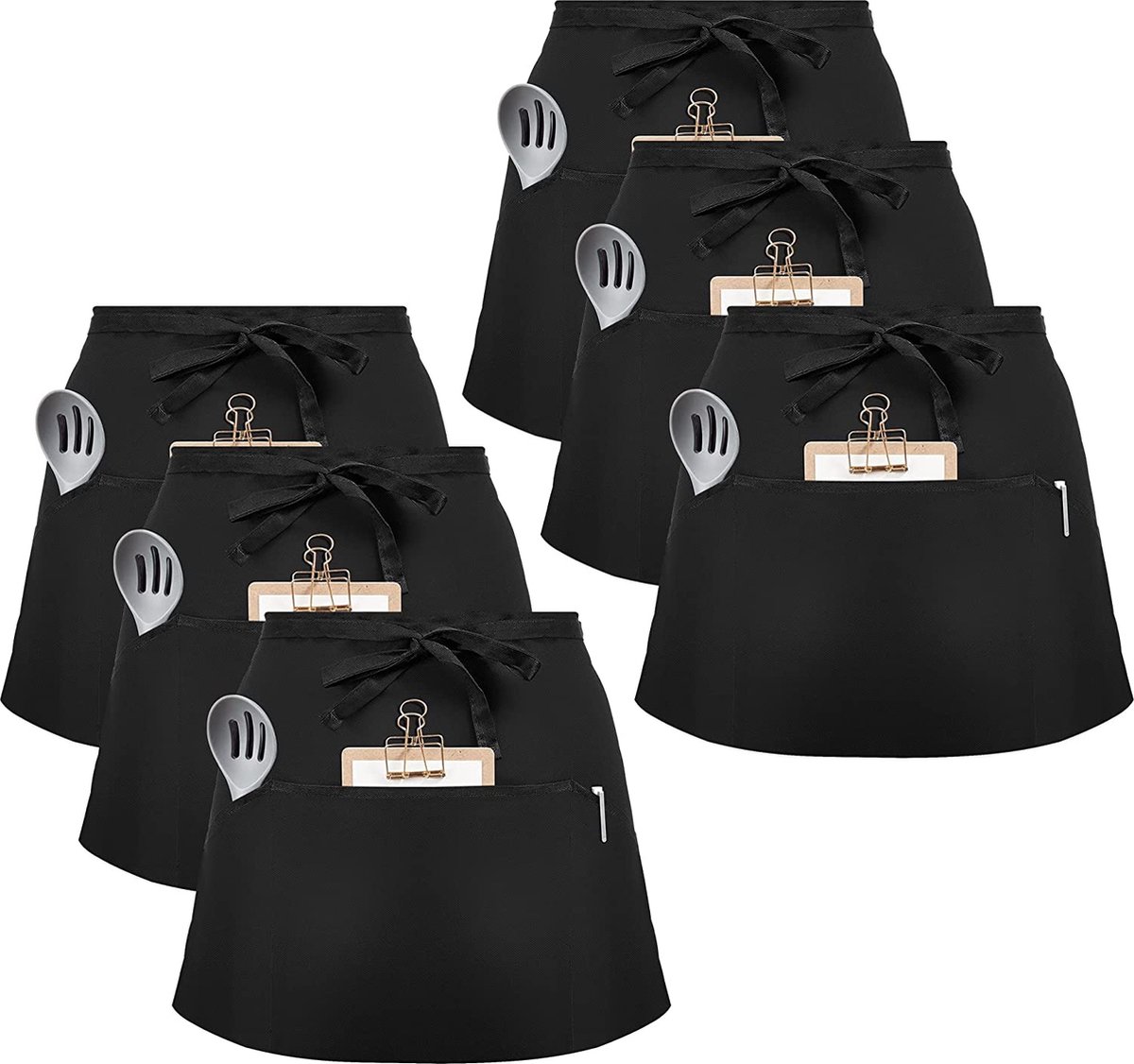 6 stuks voorbinders schort taille schort met 3 zakken, bistroschort kookschort bakschort voor bistro restaurant, (zwart katoen)