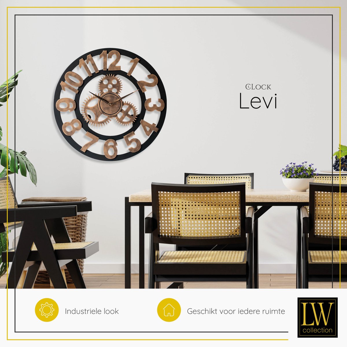 LW Collection wandklok brons 80cm - Grote moderne houten klok brons met tandwielen - Industriële wandklok - Landelijke wandklok stil uurwerk — cadeau in Wonen & Interieur - foto 6