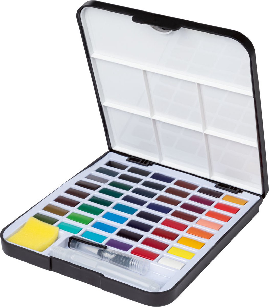 Crelando Aquarel Verfdoos - In water oplosbare aquarelverven - Set: 48 verfkleuren, 1 spons, 1 penseel, 1 palet - Hervulbaar penseel met waterreservoir - De hoeveelheid water kan worden geregeld door zachtjes op de schacht te drukken