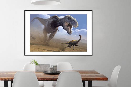 Photo encadrée - Une illustration d'un cadre photo dinosaure de chasse noir avec passe-partout blanc xxl 120x80 cm - Affiche encadrée (Décoration murale salon / chambre)