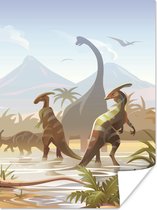 Poster kinderen - Dinosaurus - Landschap - Tropisch - Kinderen - Jongens - Decoratie kinderkamers - Wanddecoratie jongens - 30x40 cm - Schilderij voor kinderen