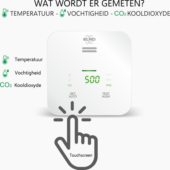 CO2 monitor meet temperatuur, vochtigheid en CO2. Toont '500' op touchscreen.