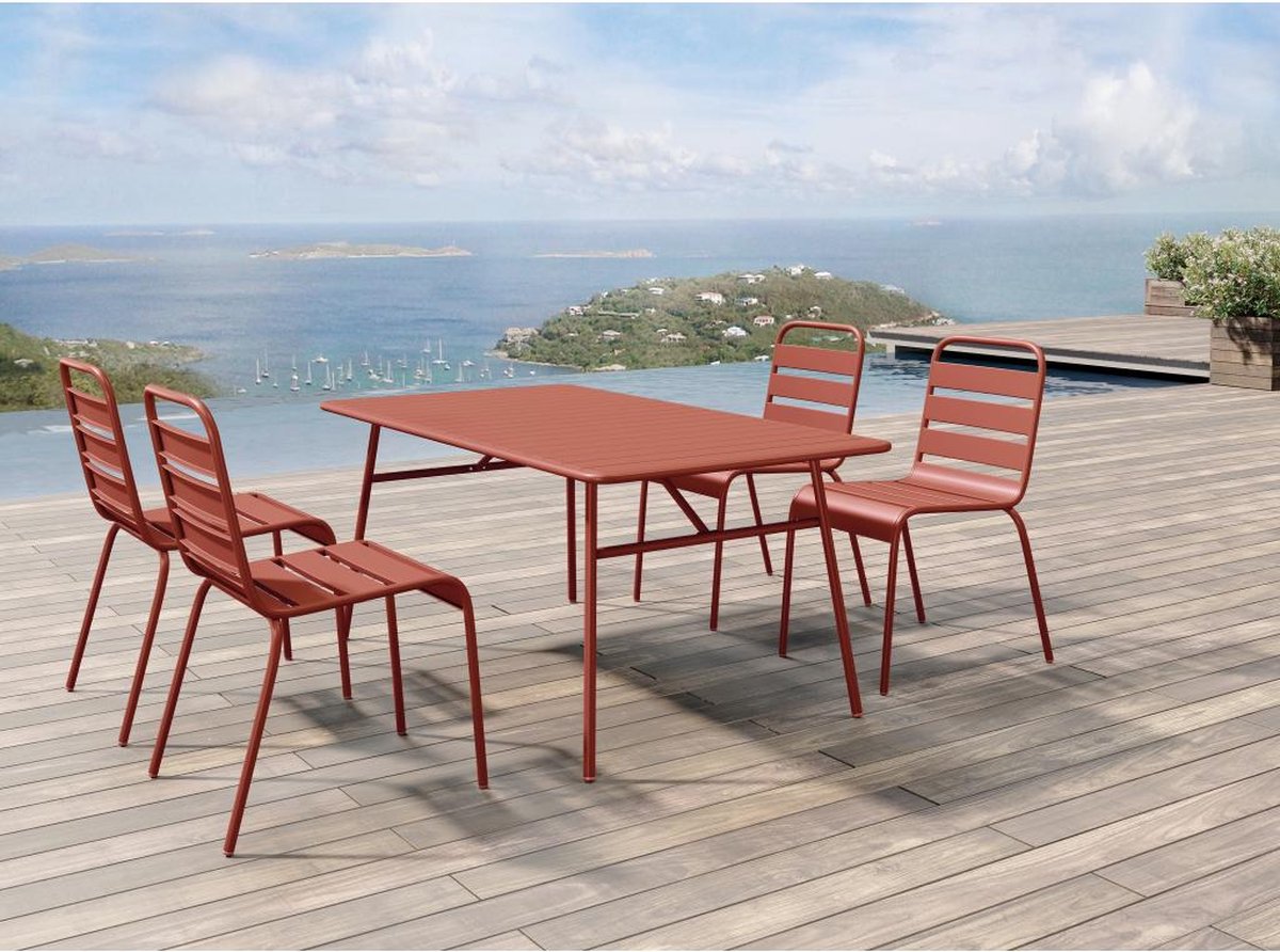 MYLIA Tuineethoek - Metaal - Een tafel L160 cm en 4 opstapelbare stoelen - Terracotta - MIRMANDE L 160 cm x H 79 cm x D 80 cm