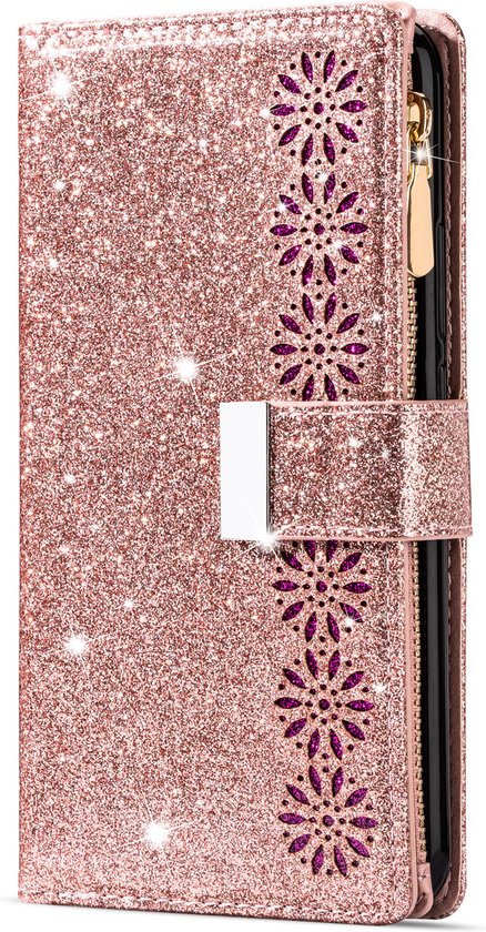 Hoesje geschikt voor Google Pixel 7 Pro - Bookcase - Koord - Pasjeshouder - Portemonnee - Glitter - Bloemenpatroon - Kunstleer - Rose Goud