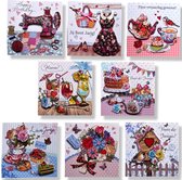 Cards & Crafts 8 Luxe 3D Verjaardag wenskaarten Felicitatie - 15x15cm - gevouwen kaart met gekleurde envelop