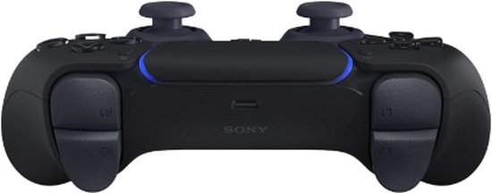 Achterkant van een zwarte DualSense controller, met blauwe lichtstrips.