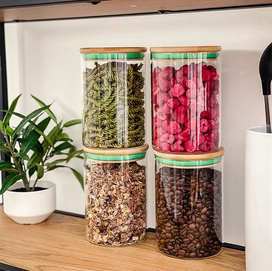 QuaLife 3-delige set voorraadpotten (1000 ml) met houten deksel - luchtdichte borosilicaatglazen containers - stapelbare glazen potten voor spaghetti en muesli - vierkante opbergpotten