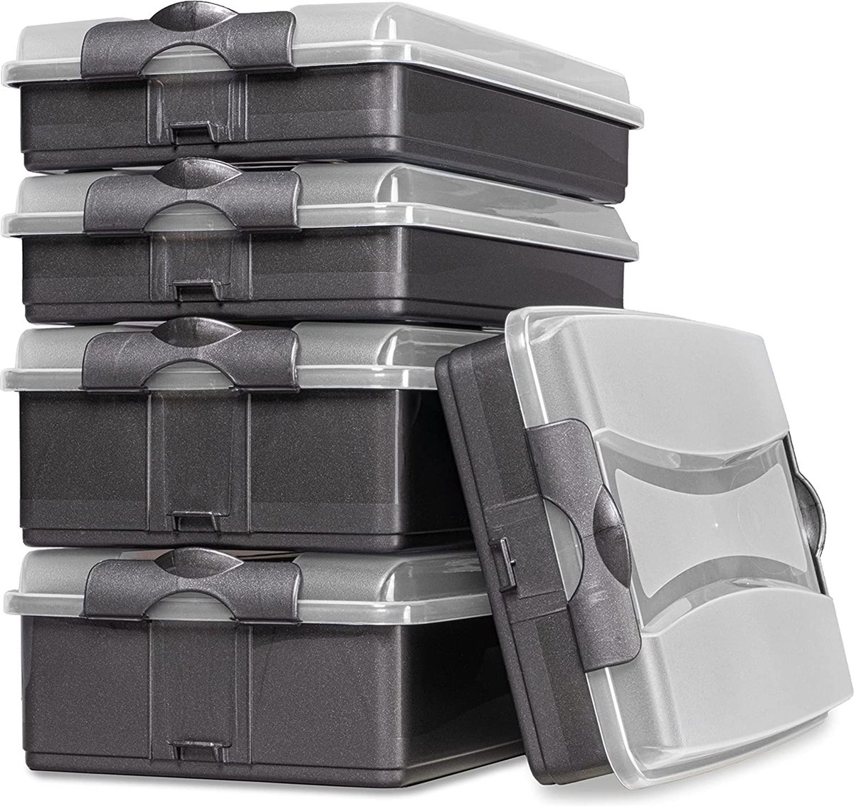 Hausfelder Opmaakbox met deksel, 5-delige set, stapelbare vershouddozen, worstbox voor de koelkast, 3 x plat, 2 x hoog