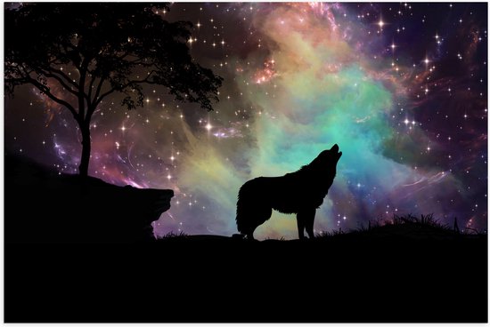 WallClassics - Poster Glanzend – Silhouette van een Wolf bij Sterrenhemel - 60x40 cm Foto op Posterpapier met Glanzende Afwerking