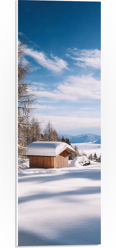 WallClassics - PVC Schuimplaat - Huisje op een Besneeuwde Berg - 20x60 cm Foto op PVC Schuimplaat (Met Ophangsysteem)