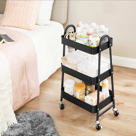 HOMCOM Keukenwagen met wieltjes, keukenwagen, 4 metalen manden lade, serveerwagen, voor kleine ruimtes, badkamer, woonkamer, keuken, kantoor, grenenhouten frame, wit