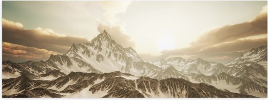 Poster Glanzend – Felle Ochtend Zonnestralen over de Toppen van Bergen met Sneeuw - 90x30 cm Foto op Posterpapier met Glanzende Afwerking