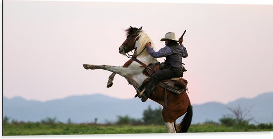 Dibond - Cowboy met Geweer op Stijgerend Paard - 100x50 cm Foto op Aluminium (Met Ophangsysteem)
