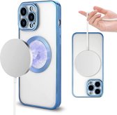 Hoesje Geschikt voor iPhone 13 Pro Max – Met Magnetisch Ring Magesafe compatibel backcover – Lens beschermer – Transparant / Blauw