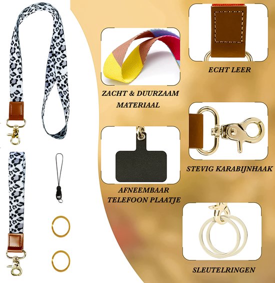 Lanyard met luipaardprint, bruine lederen details en karabijnhaak. Inclusief afneembare telefoonplaat, sleutelringen en polsband.