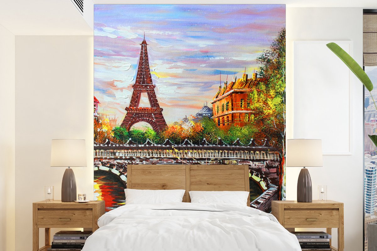 Behang - Fotobehang Schilderij - Olieverf - Eiffeltoren - Parijs - Water - Breedte 205 cm x hoogte 280 cm