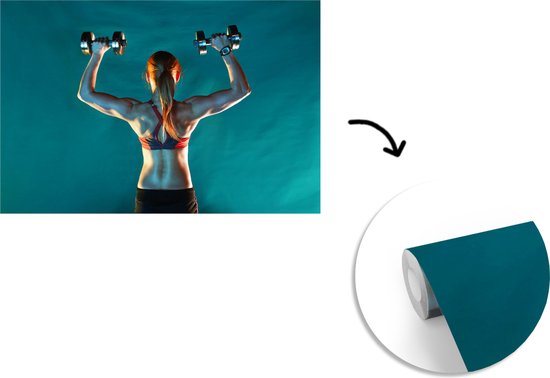Papier peint Papier peint photo en vinyle - Une femme tient deux poids pendant le fitness largeur 390 cm x hauteur 260 cm - Tirage photo sur papier peint (disponible en 7 tailles)