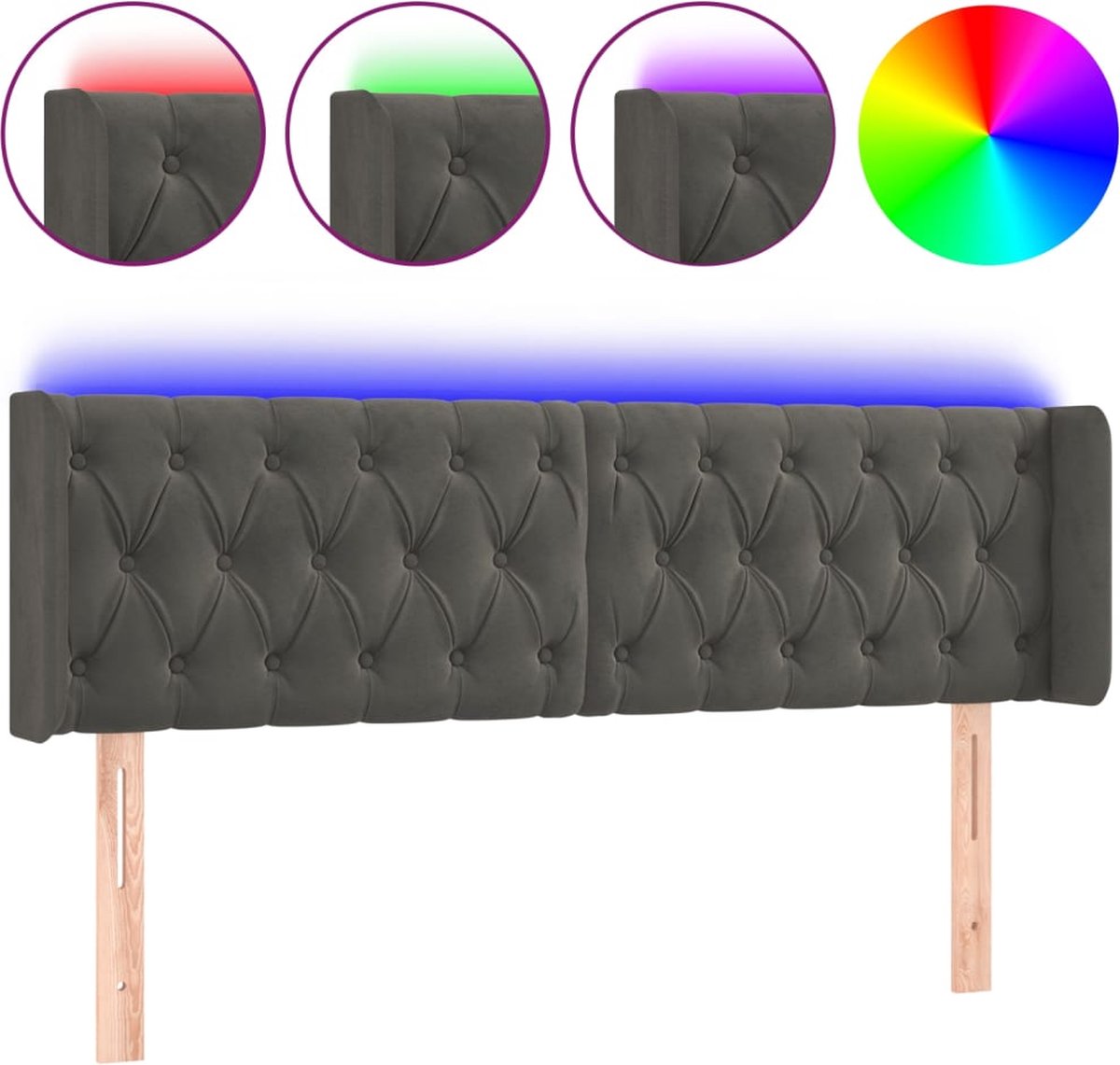 vidaXL - Hoofdbord - LED - 147x16x78/88 - cm - fluweel - donkergrijs