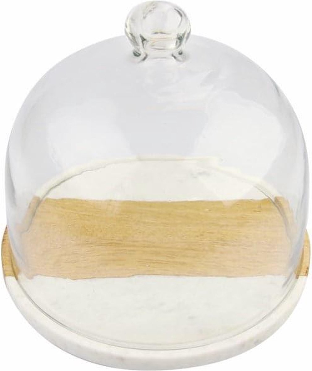 Be Home - Wit marmer met hout plateau met glazen stolp 21,5cm - Taartplateaus