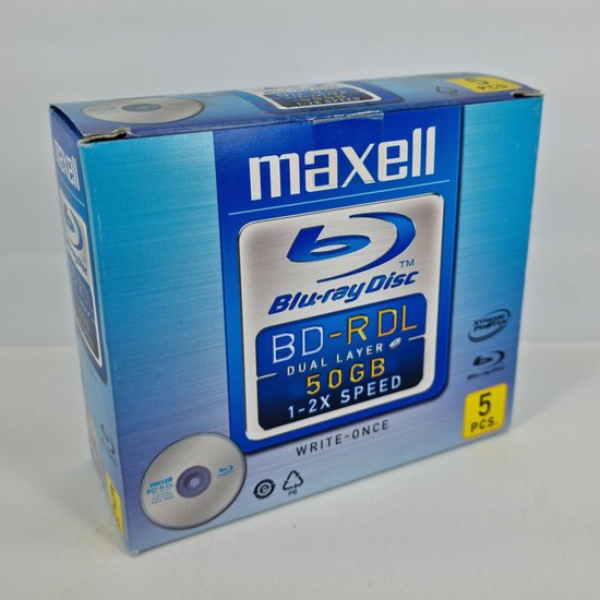 Maxell Bluray Disc BDR DL Dual Layer 50Gb 12x speed. Doos van 5