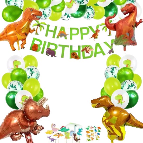 Dino Versiering Verjaardag - Dino Taart Versiering - Dino Stickers - Dinosaurus Versiering - 45 items - Verjaardag Versiering - Happy Birthday Slinger - Fienosa