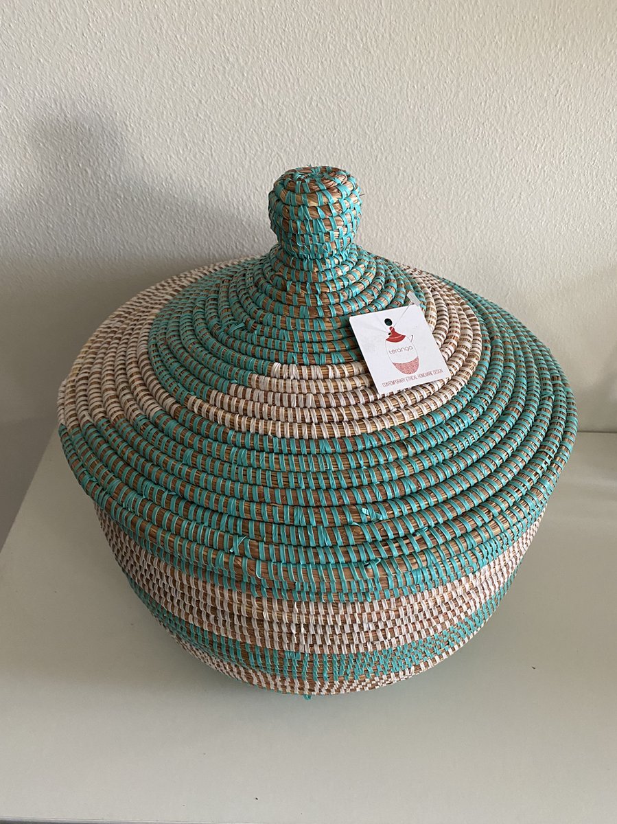 Turquoise opbergmand met deksel-Decoratieve handgemaakte mand-Teranga