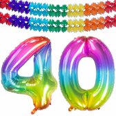 Folat folie ballonnen - Leeftijd cijfer 40 - glimmend multi-kleuren - 86 cm - en 2x slingers