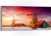 Hout - Nederlandse Windmolens aan het Water onder Paars met Oranje Lucht - 100x50 cm - 9 mm dik - Foto op Hout (Met Ophangsysteem)