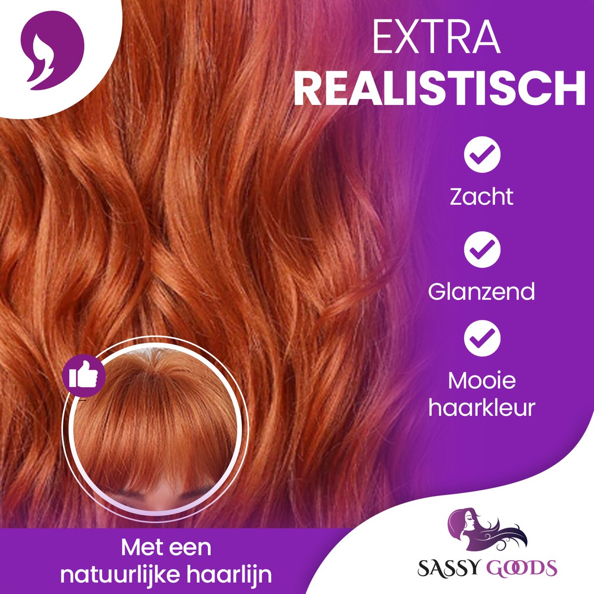 SassyGoods Koper Rode Oranje Pruik met Pony WK - Pruiken Dames Lang Haar - Haarwerk - Wig - Ginger Rood - 70 cm — afbeelding 5