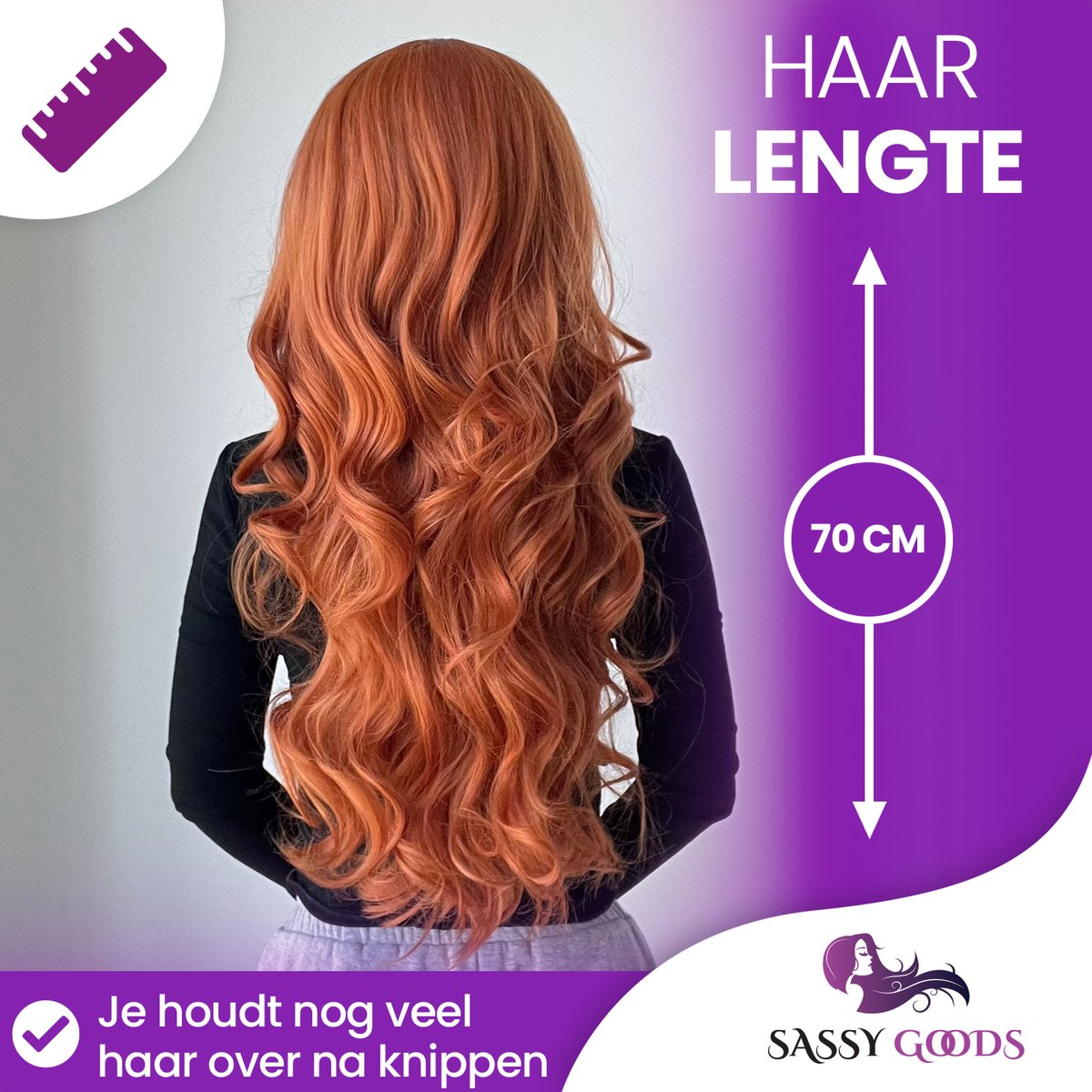 SassyGoods Koper Rode Oranje Pruik met Pony WK - Pruiken Dames Lang Haar - Haarwerk - Wig - Ginger Rood - 70 cm — afbeelding 3