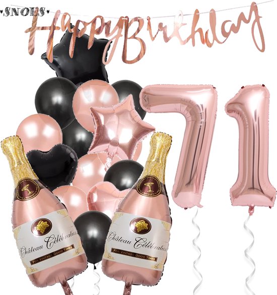 71 Jaar Verjaardag Cijferballon 71 - Feestpakket Snoes Ballonnen Pop The Bottles - Rose Zwart Versiering