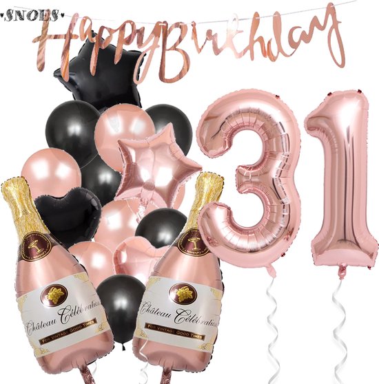 31 Jaar Verjaardag Cijferballon 31 - Feestpakket Snoes Ballonnen Pop The Bottles - Rose Zwart Versiering