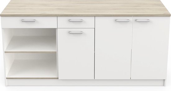 Belfurn - keukenkast - onderkast Cooking 180cm in witte melamine met eiken blad