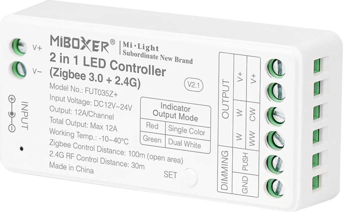 Mi-Light Mi-Boxer - (FUT035Z+) - 2 in 1 LED controller - Single Color + Dual White (Zigbee 3.0 + 2.4GHz) - Voor besturing van een SC of CCT/WW LED strip - Zigbee bediening en/of Mi-boxer 2.4GHz afstandsbediening - Voedingsadapter niet inbegrepen