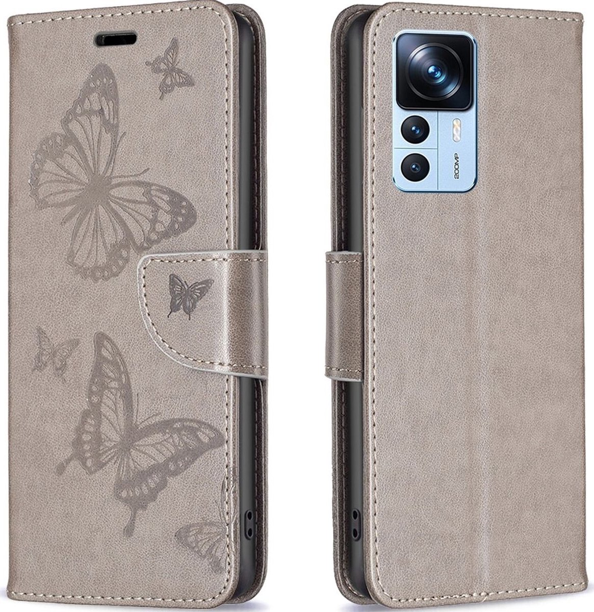 Mobigear Telefoonhoesje geschikt voor Xiaomi 12T Pro Hoesje | Mobigear Butterfly Bookcase Portemonnee | Pasjeshouder voor 3 Pasjes | Telefoonhoesje voor Pinpas / OV Kaart / Rijbewijs - Grijs