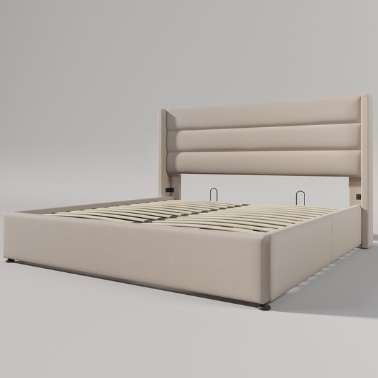 Gestoffeerd opbergbed - 140 x 200 cm - met USB-C LED's - hoofdeinde