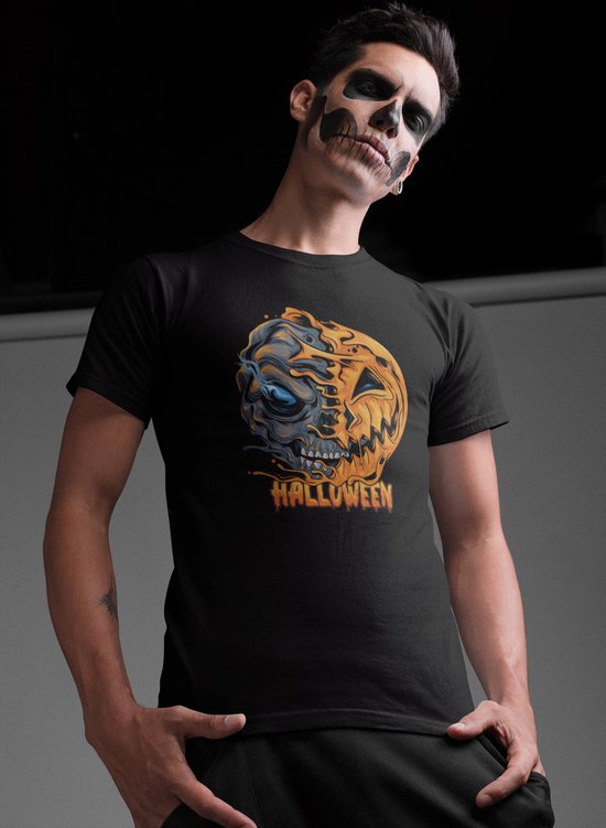 Shirt - Halloween skull - Wurban Wear | Grappig shirt | Halloween kostuum | Unisex tshirt | Pompoen | Skull | Zwart