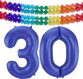 Folat folie ballonnen - Leeftijd cijfer 30 - blauw - 86 cm - en 2x slingers
