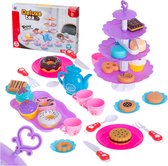 Service à thé speelgoed 46 pièces avec support à pâtisserie et couverts en plastique - Service à café - Service à thé - Gâteaux - Cupcakes