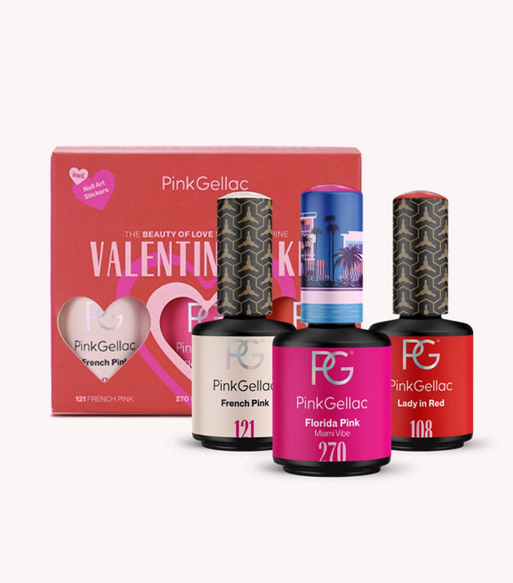 Pink Gellac - Valentine's Kit Color Box - Gellak Set Kleuren - 3 x 15 ml inclusief Nail Art Stickers