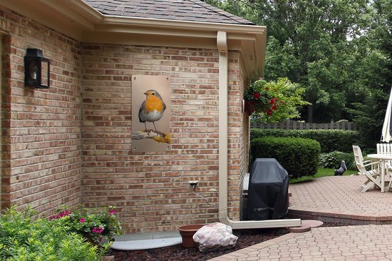 Tuinposter van een roodborstje gemonteerd aan een bakstenen buitenmuur van een huis.